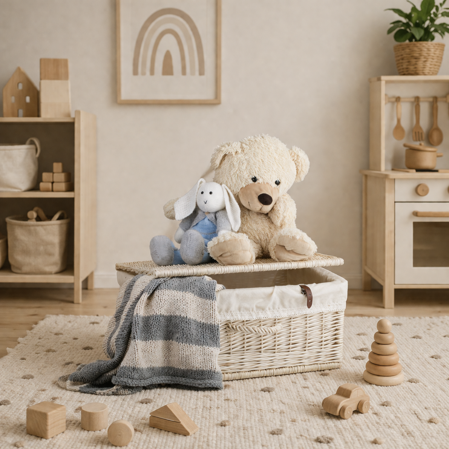 wicker suitcase with white trim, handle and clasp