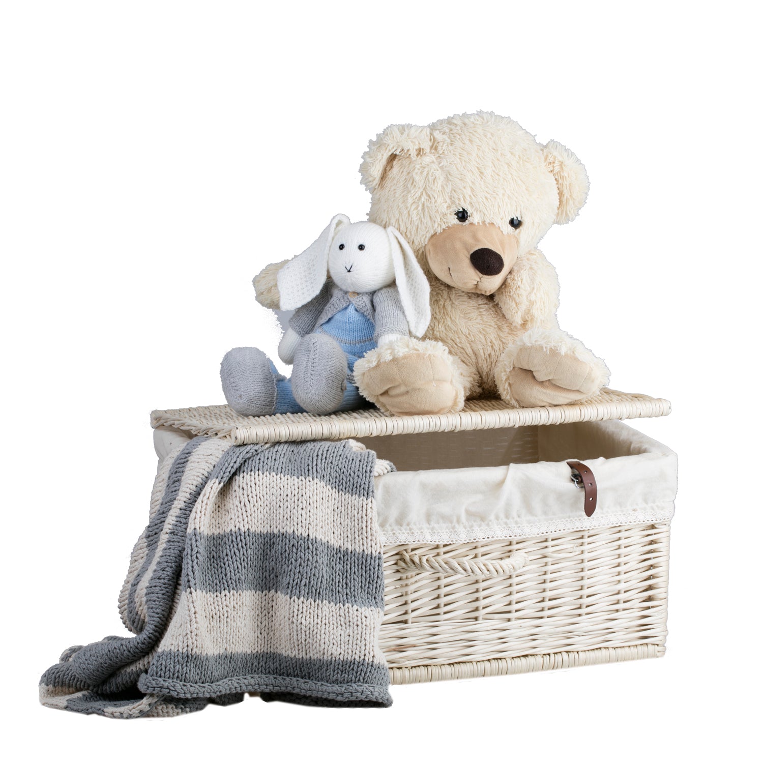 wicker suitcase with white trim, handle and clasp