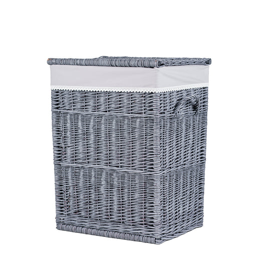 wicker laundry basket with gray trim and lid