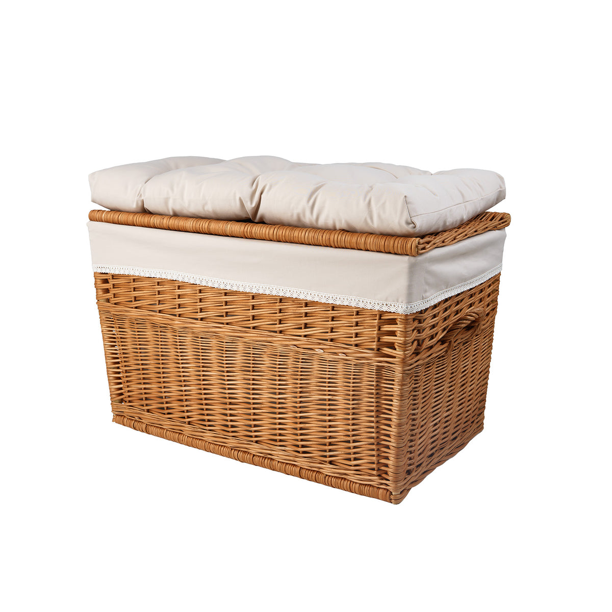 Wickertruhe mit Besatz und Kissen für das Schlafzimmer – handgefertigter Organizer – wickerstories