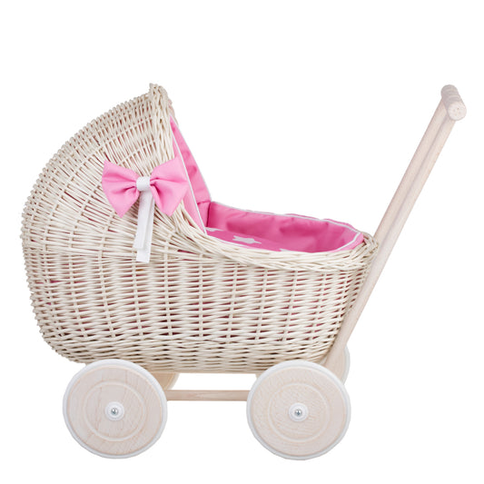 Lili wicker doll stroller with pink trim, blanket, and pillow