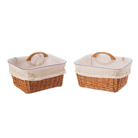 wicker bread basket for display with beige trim and transparent lid – set of 2