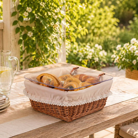 wicker bread basket with beige trim for display