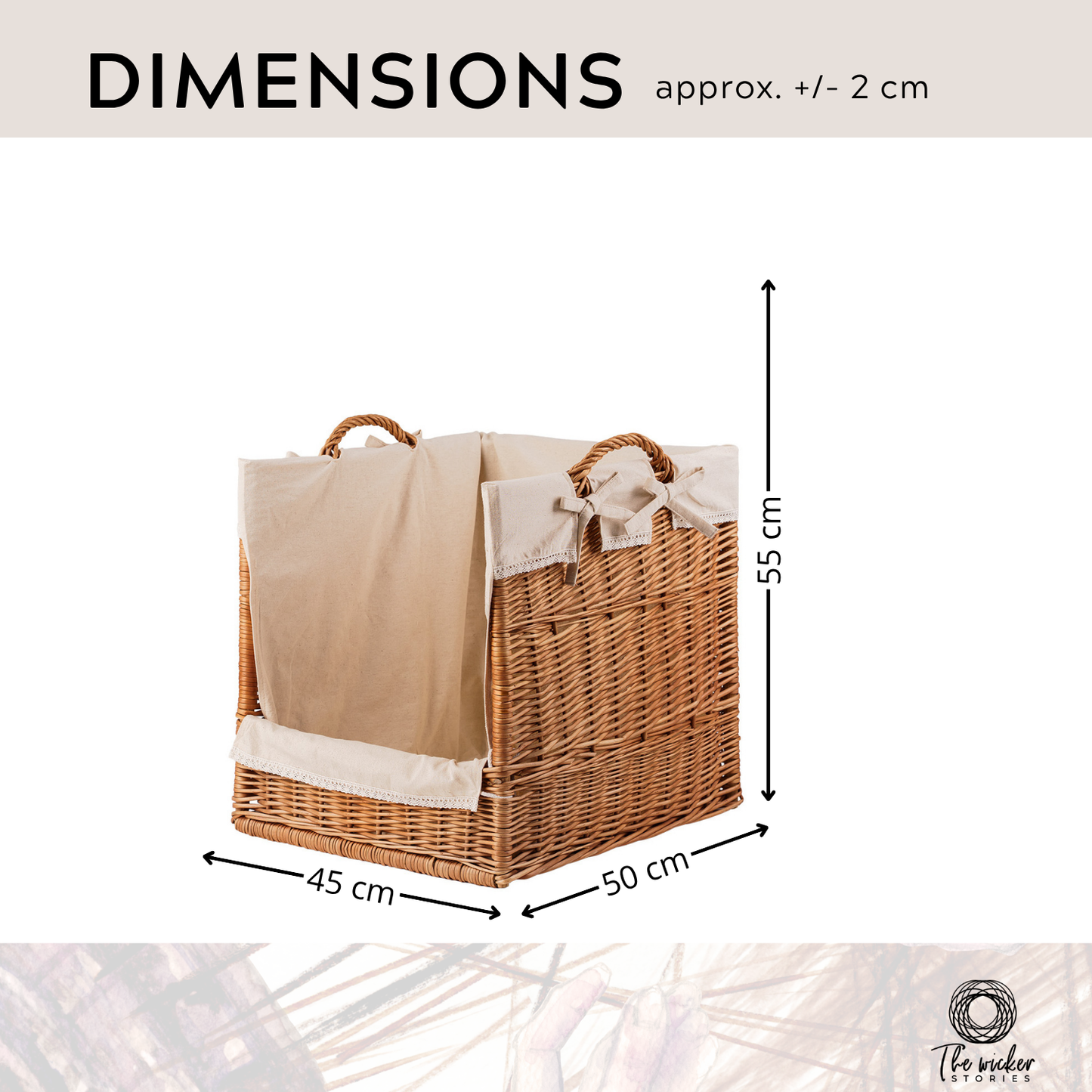 Bretia wicker display basket, baguette stand, bread display with trim TheWickerStories