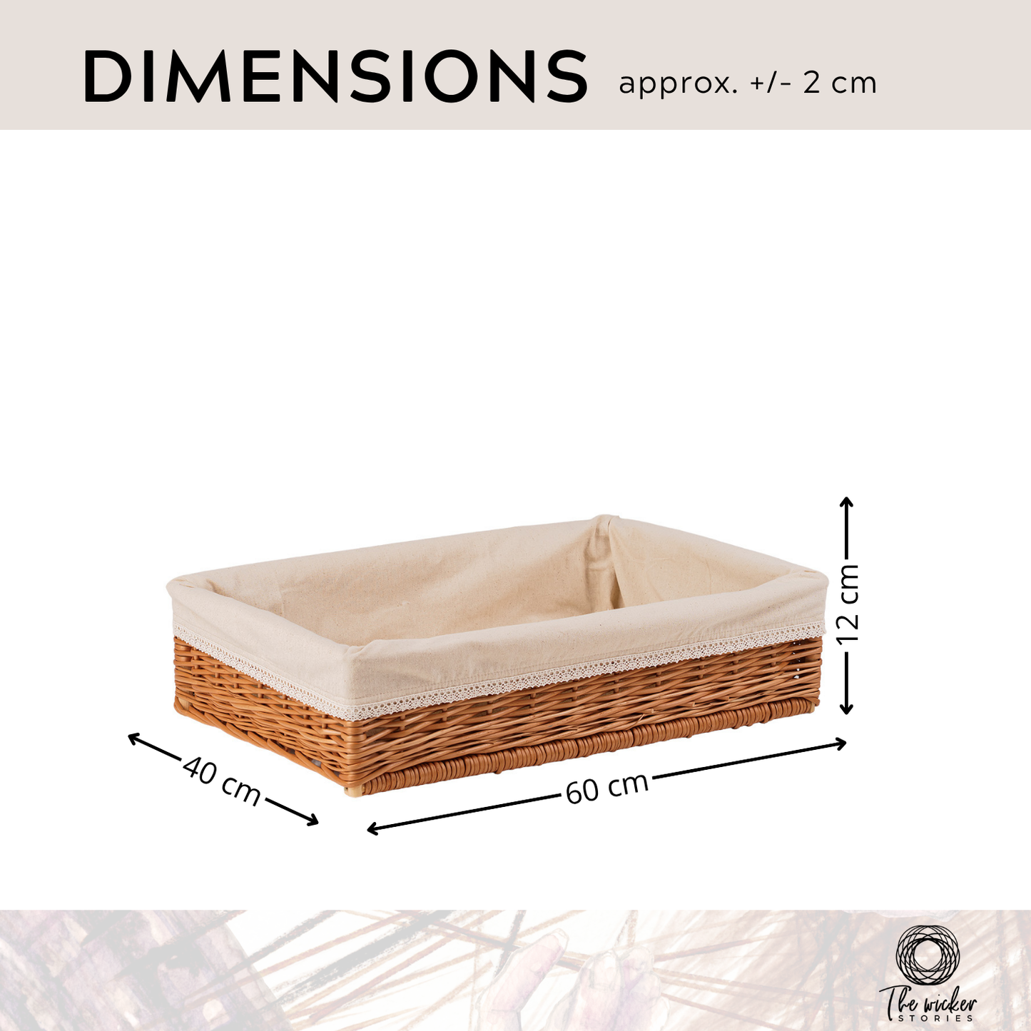 Toneria cassetta in vimini per esposizione di pane e frutta con bordatura beige - cesta TheWickerStories