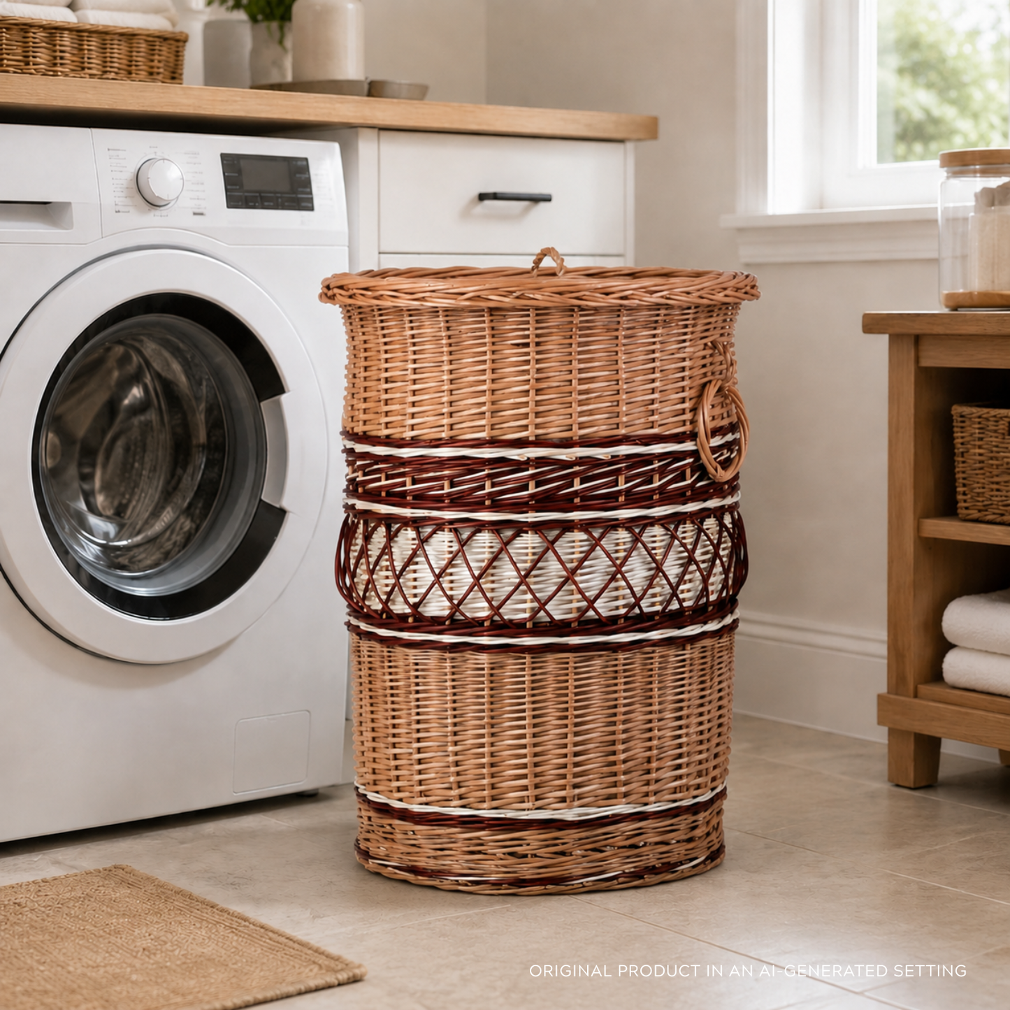 Maravia Rieten wasmand met stoffen voering, deksel en handvatten TheWickerStories