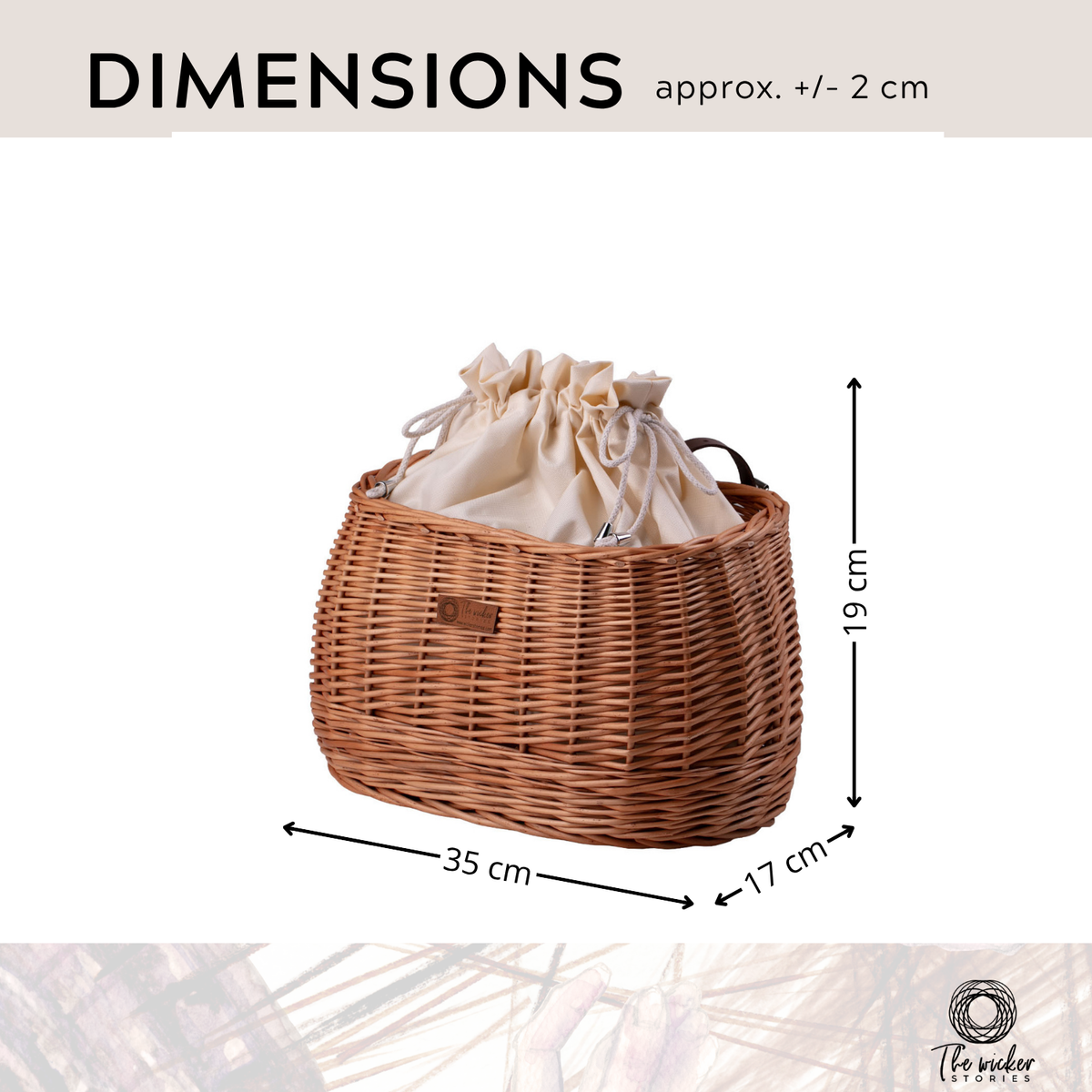 Marone wicker bike basket with cream trim, removable liner bag and leather straps TheWickerStories