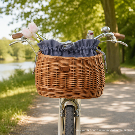 geflochtener Fahrradkorb mit blauer Einfassung, mit Kordelzugbeutel und Lederriemen