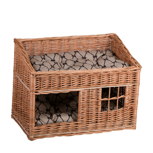 Estrella gevlochten rieten kattenhuis met twee waterdichte kussens, met raampje en terras