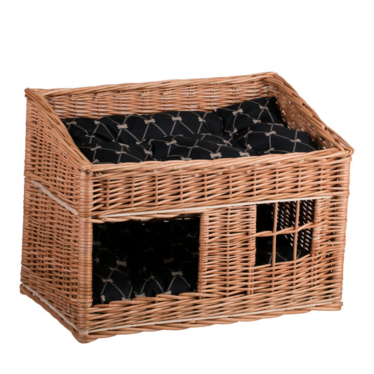 Estrella rieten kattenhuis met twee verdiepingen, twee waterdichte kussens en een raampje