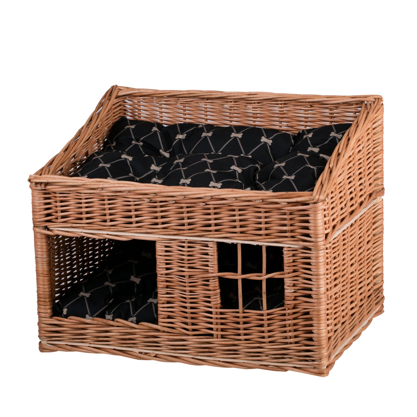 Estrella wicker cat house, two-tier, with two waterproof cushions and a small window