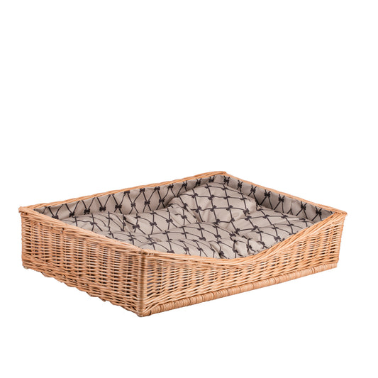 Eris vlechtmand-bed van riet voor hond en kat met beige bies, met kussen en verlaagd instap