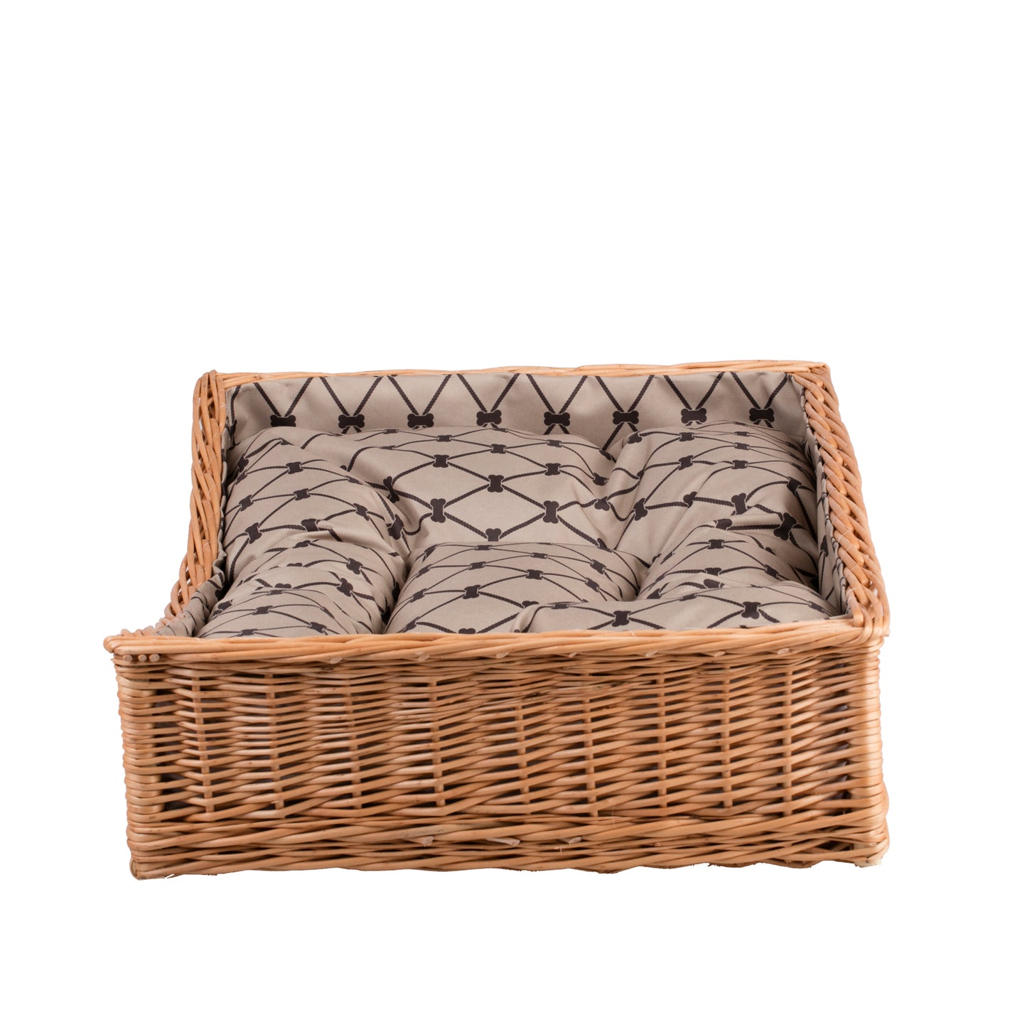Eris wicker basket-bed for dogs and cats with beige trim, cushion and lowered entry