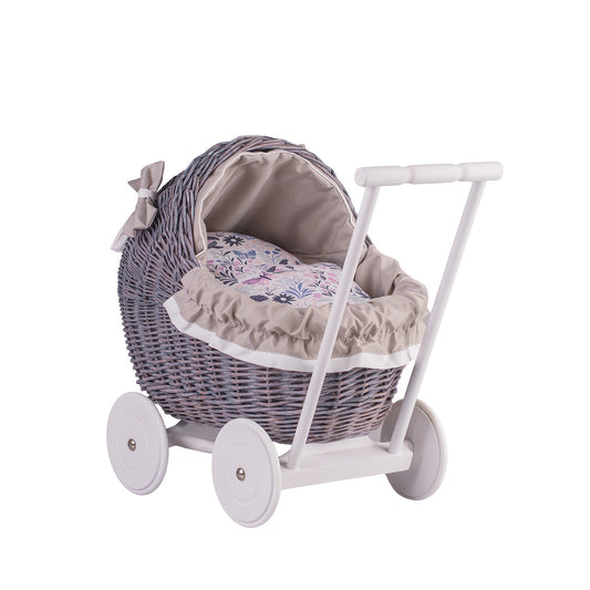 Lili wicker doll stroller with beige trim, blanket, and pillow