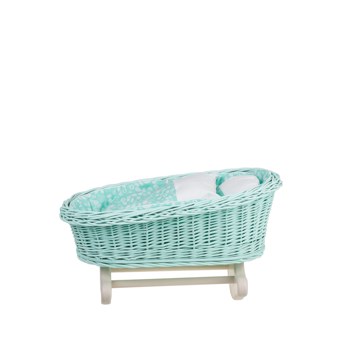 Mimi wicker cradle for dolls with mint lining, pillow and quilt TheWickerStories