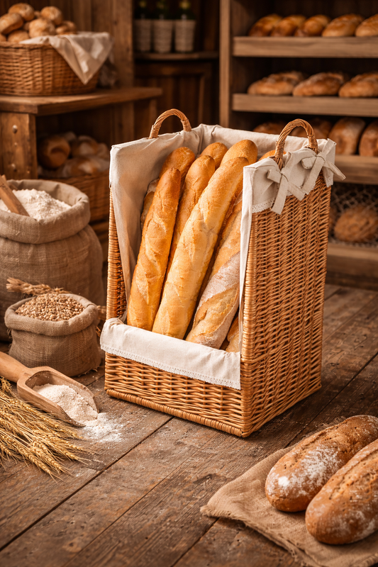 wicker baguette basket with beige trim