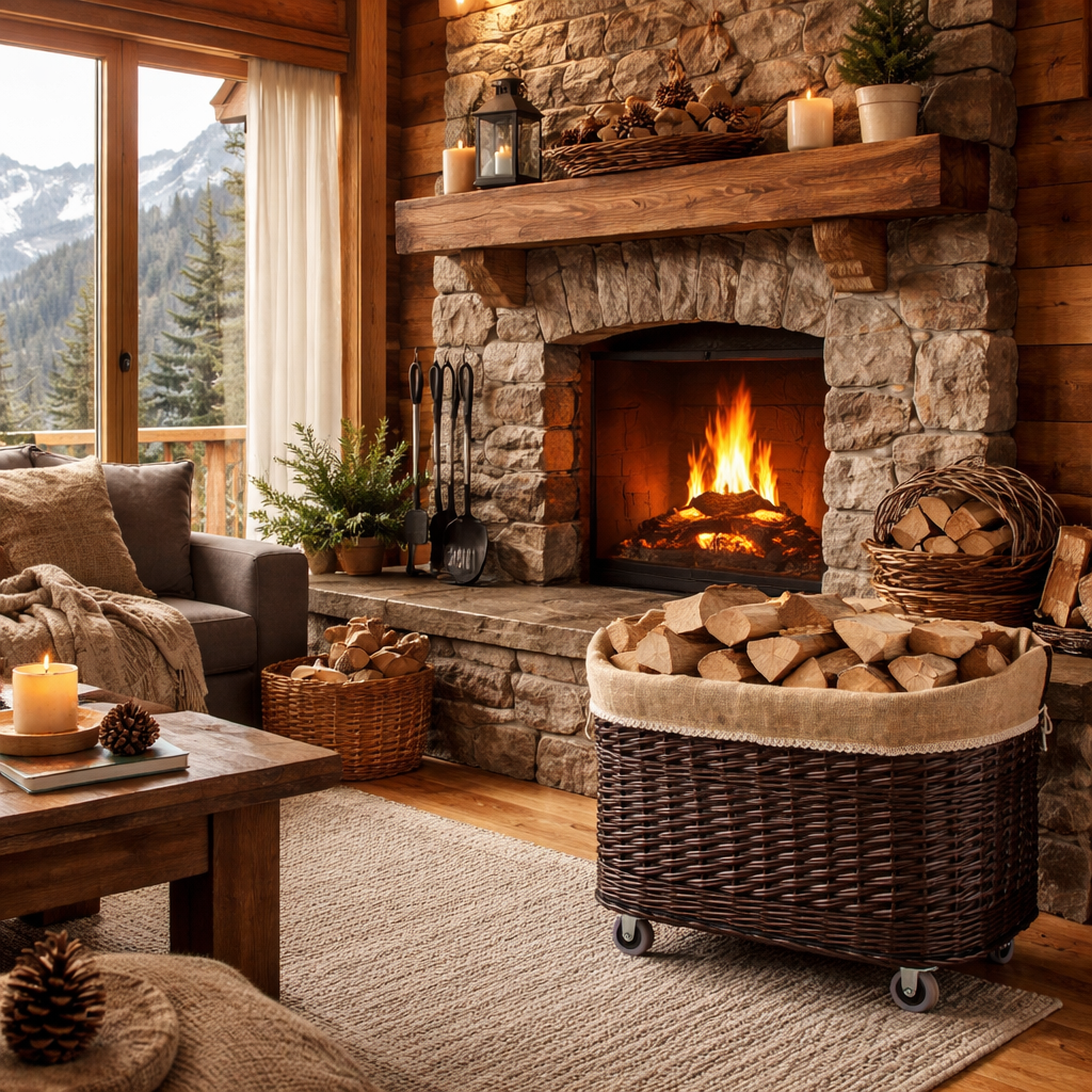 Weidenkorb für Kaminholz mit Jutebesatz