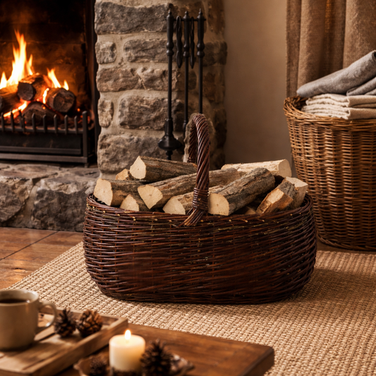 rieten mand voor haardhout bij de open haard