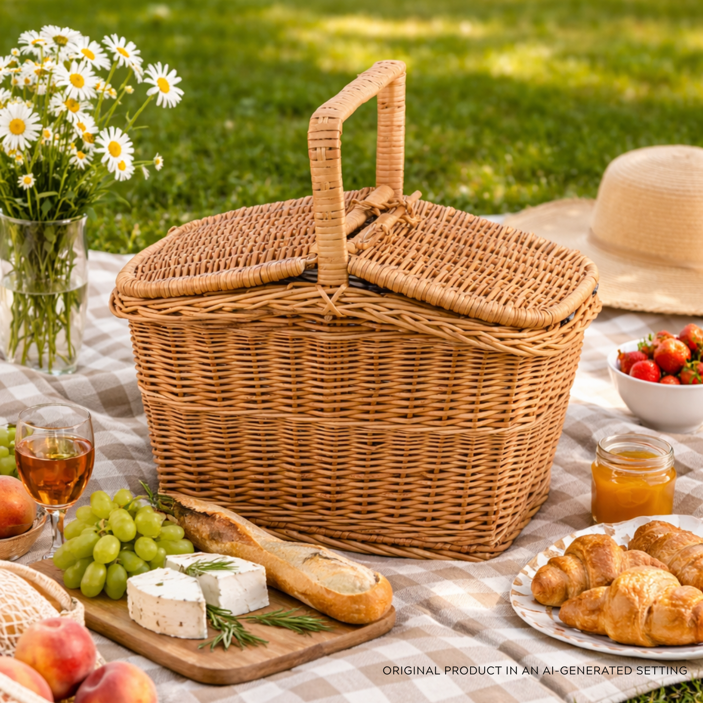 Kastulia flettet picnickurv af pil, indkøbskurv med håndtag og låg TheWickerStories
