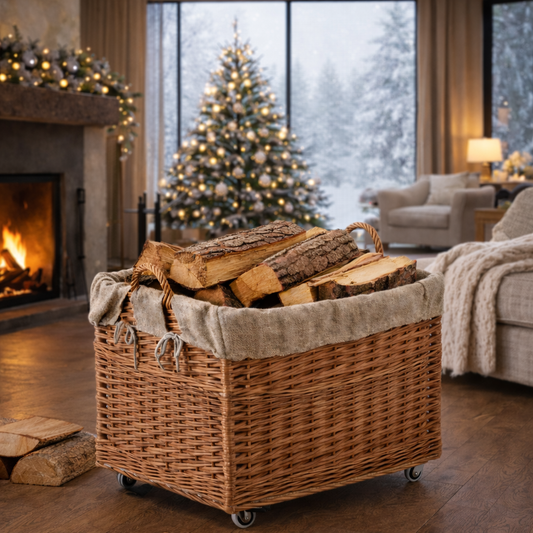 rieten haardhoutmand met jute voering en wieltjes