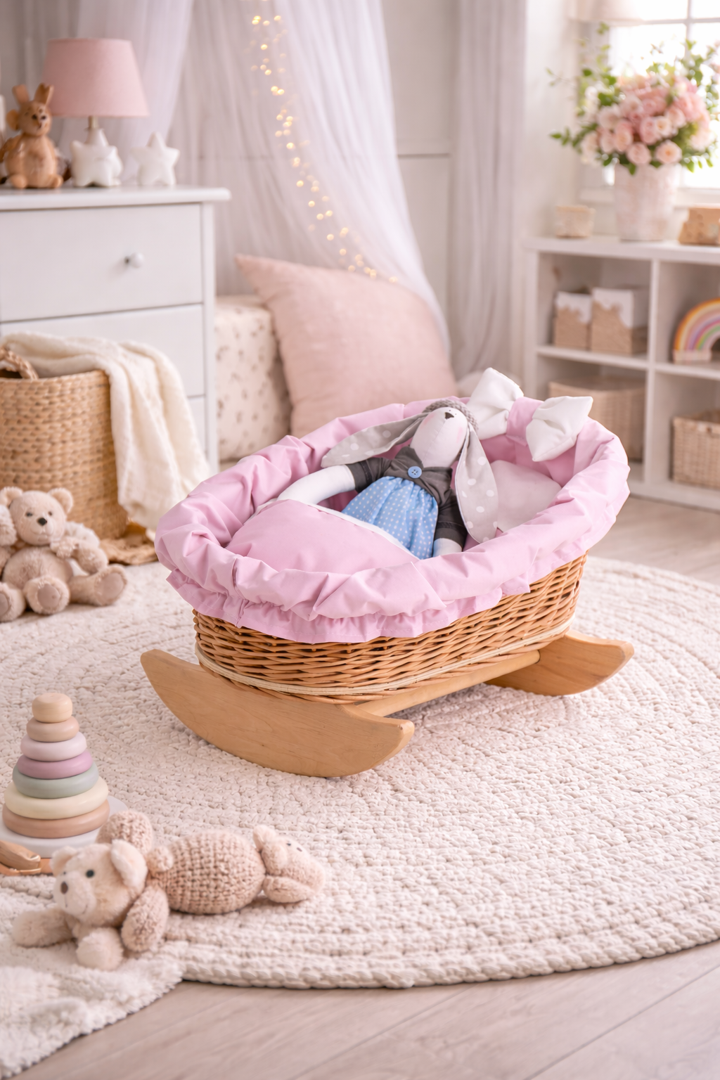 Mimi wicker cradle for dolls with pink trim, pillow and blanket TheWickerStories