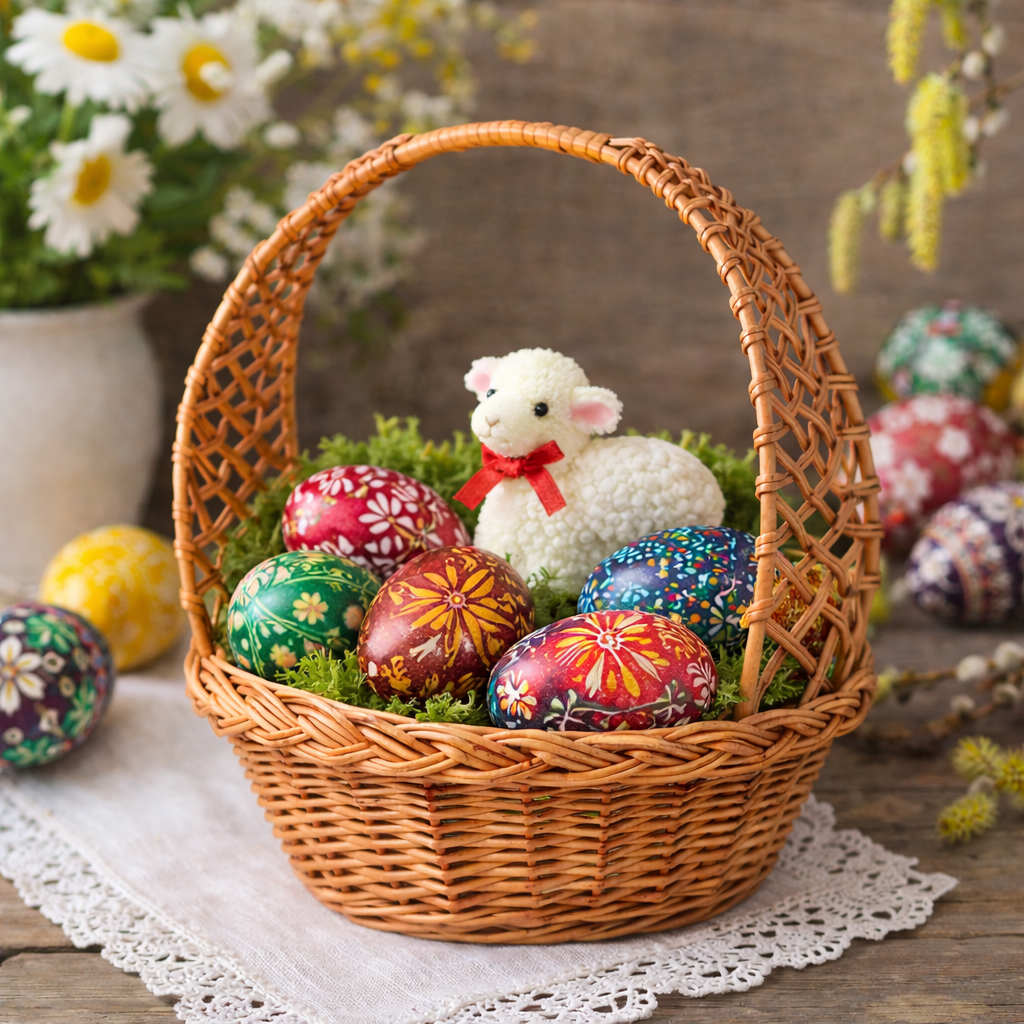 Zaria round wicker Easter blessing basket (święconka) with handle TheWickerStories