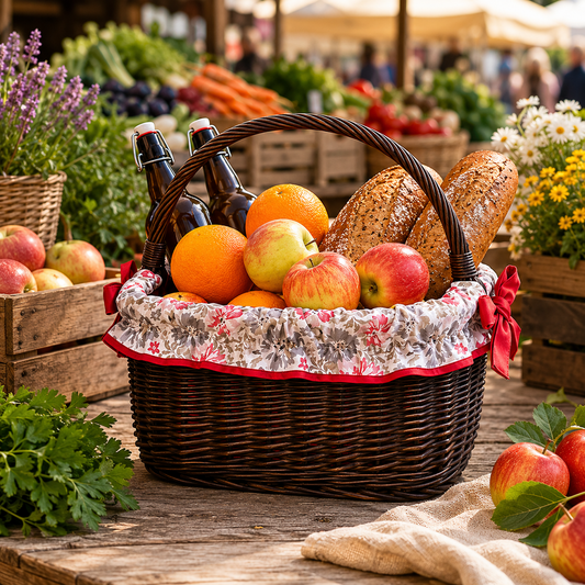 wicker shopping basket with red trim, with handle