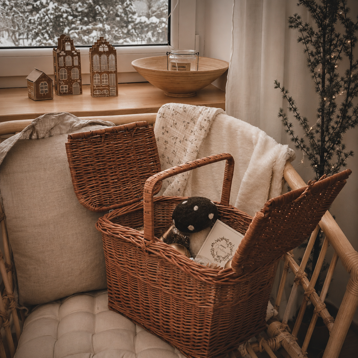 Kastulia flettet picnickurv af pil, indkøbskurv med håndtag og låg TheWickerStories