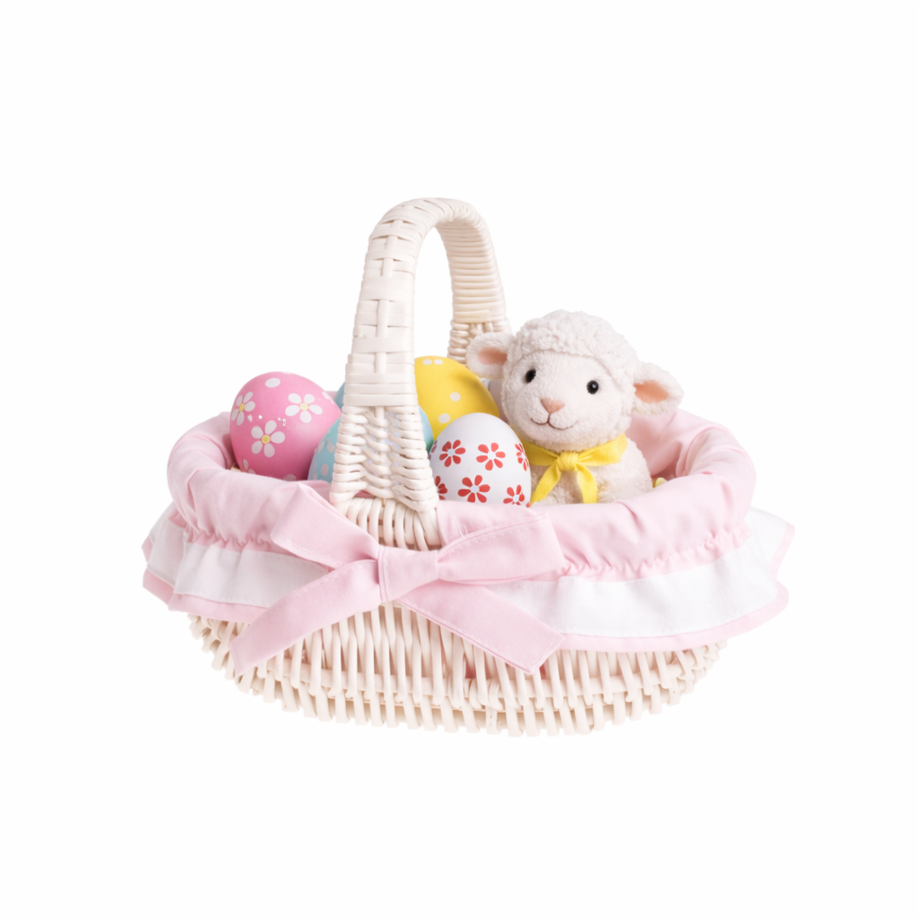 Willesia gevlochten paasmandje voor de zegening met roze afwerking en handvat TheWickerStories