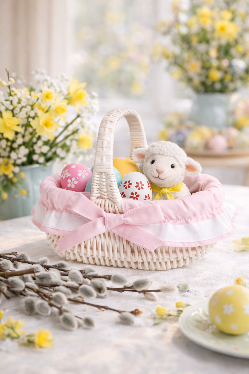 Willesia gevlochten paasmandje voor de zegening met roze afwerking en handvat TheWickerStories