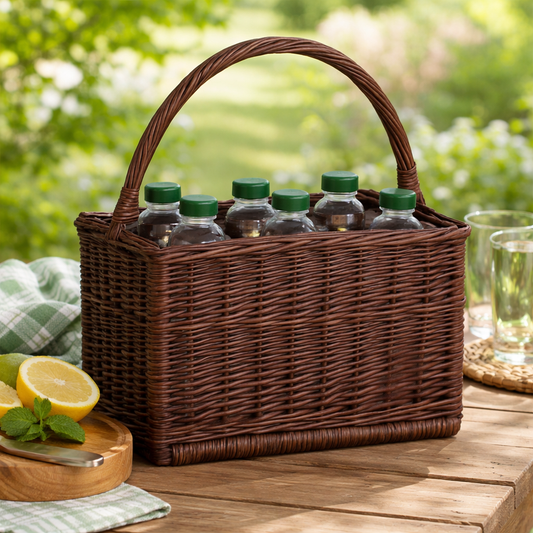 wicker bottle basket with compartments and handle