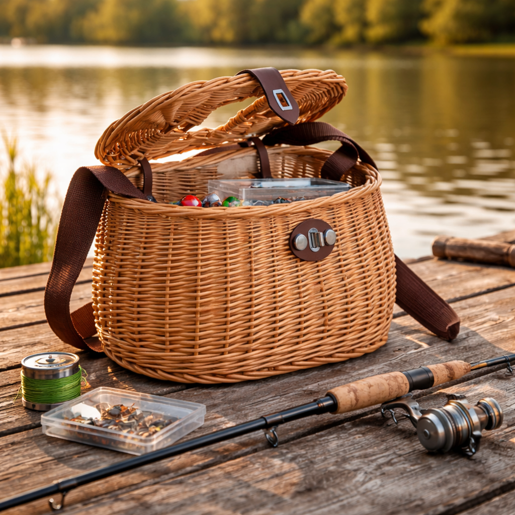 Marone wicker fishing basket with strap and clasp TheWickerStories