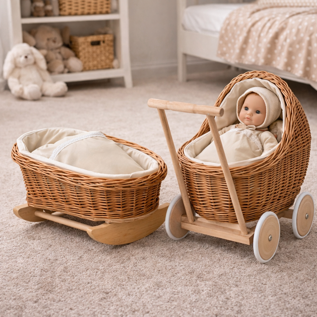 Lili carrozza in vimini e culla per bambole con rifiniture beige, copertina e cuscino TheWickerStories