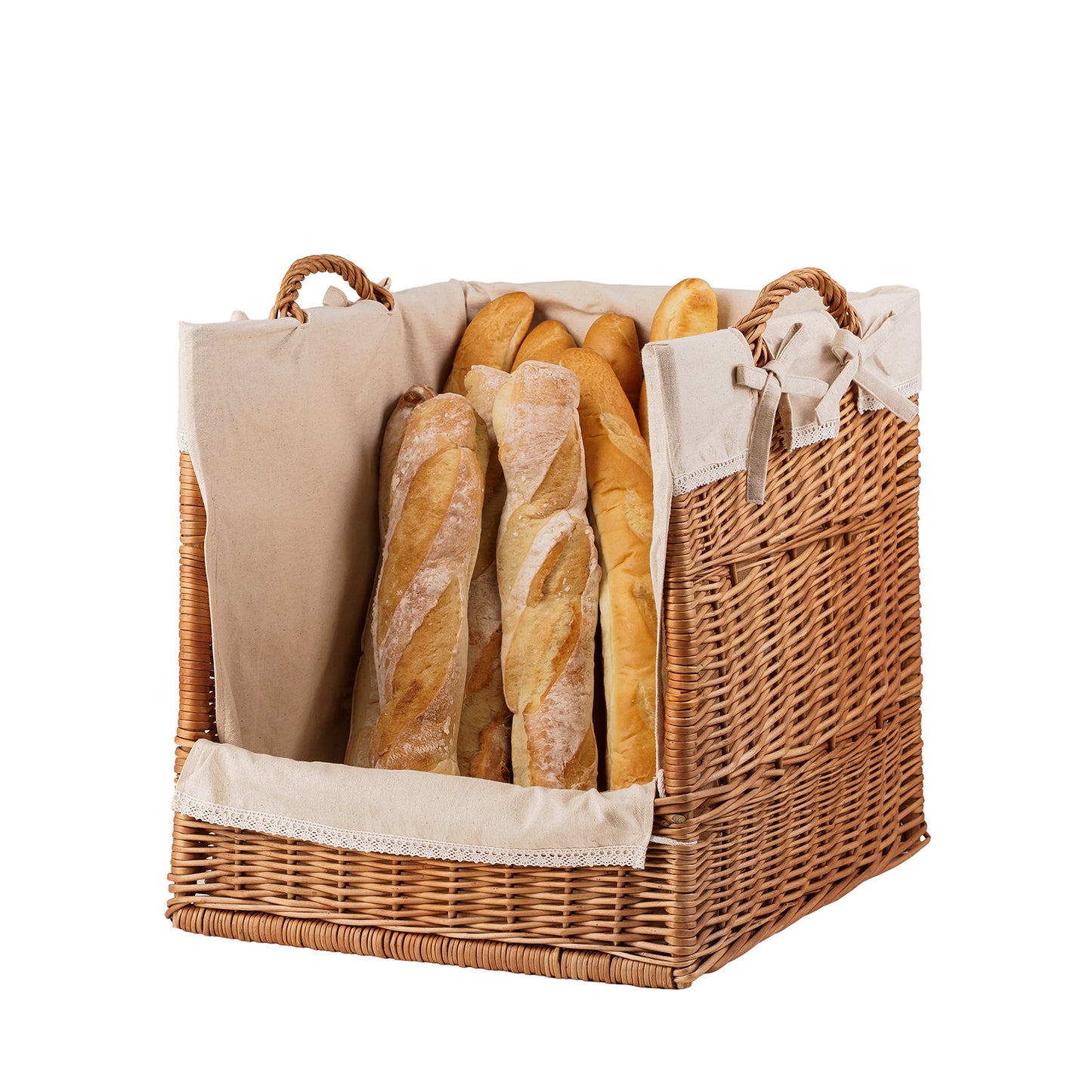 Bretia wicker display basket, baguette stand, bread display with trim TheWickerStories