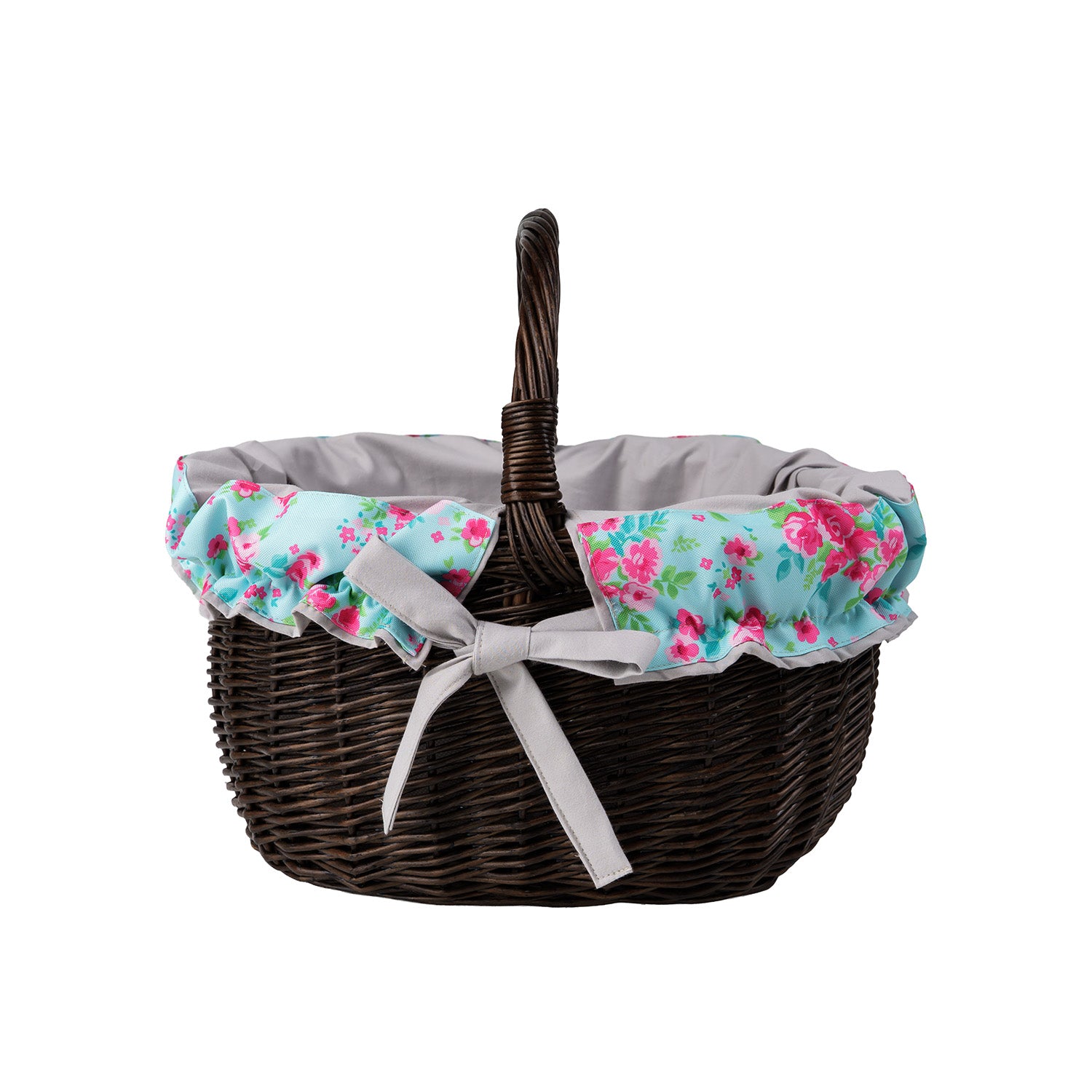 panier de courses avec poignée en osier et bordure grise