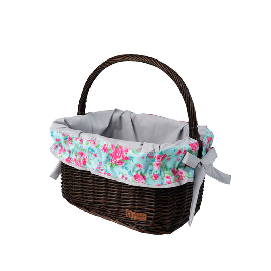 wicker shopping basket with gray trim and handle