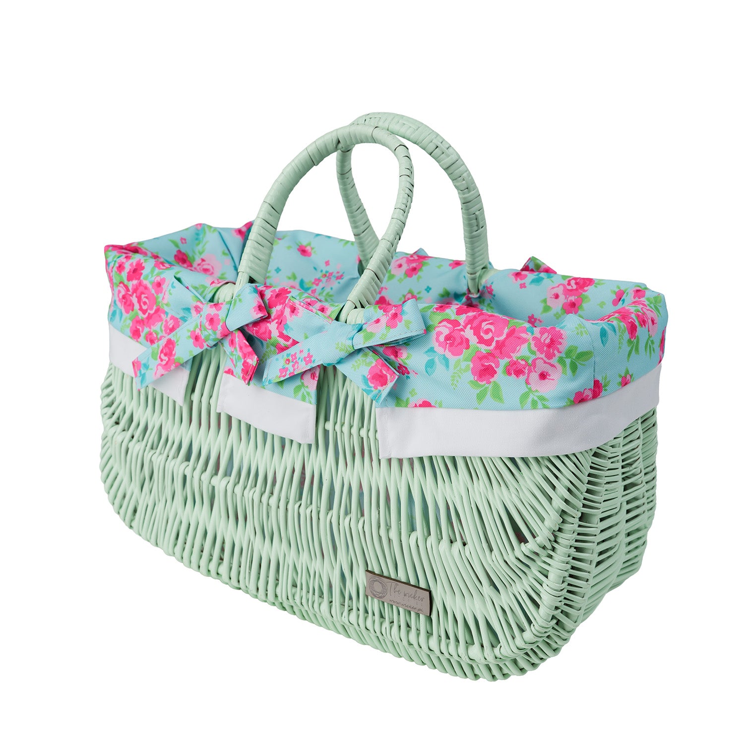 wicker shopping basket with mint lining and handles