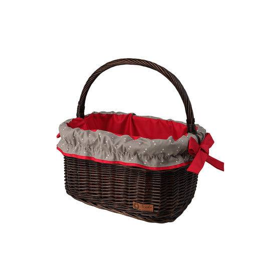 varnished wicker shopping basket with red trim, with handle
