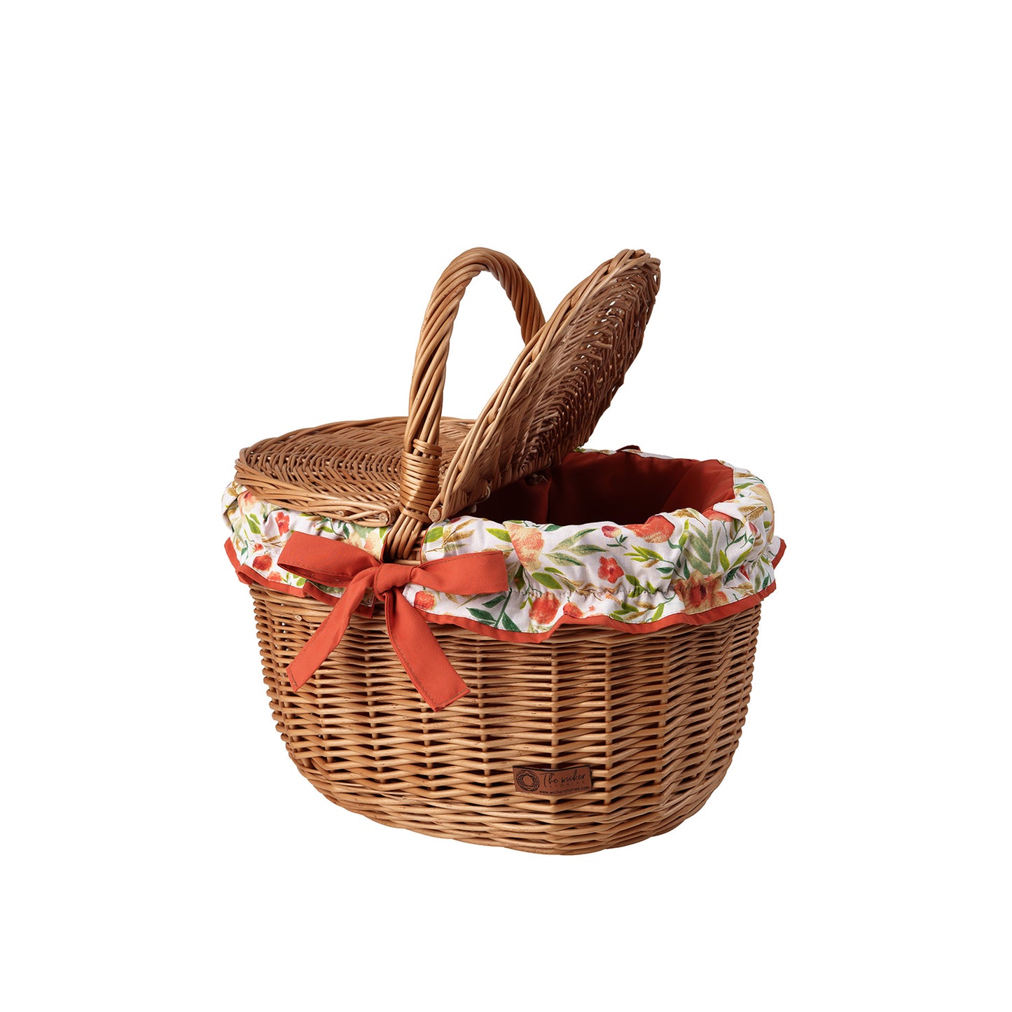 Kastalia wicker picnic basket with orange trim, with lid and handle TheWickerStories