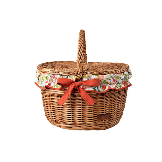 wicker picnic basket with orange trim, with lid and handle