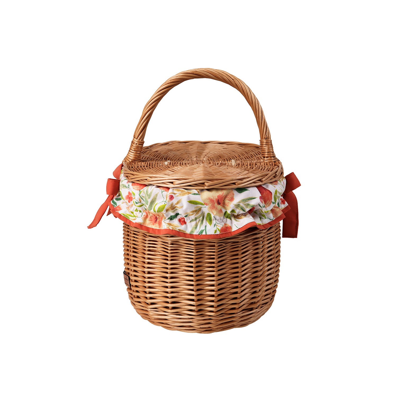 wicker picnic basket with orange trim, with lid and handle