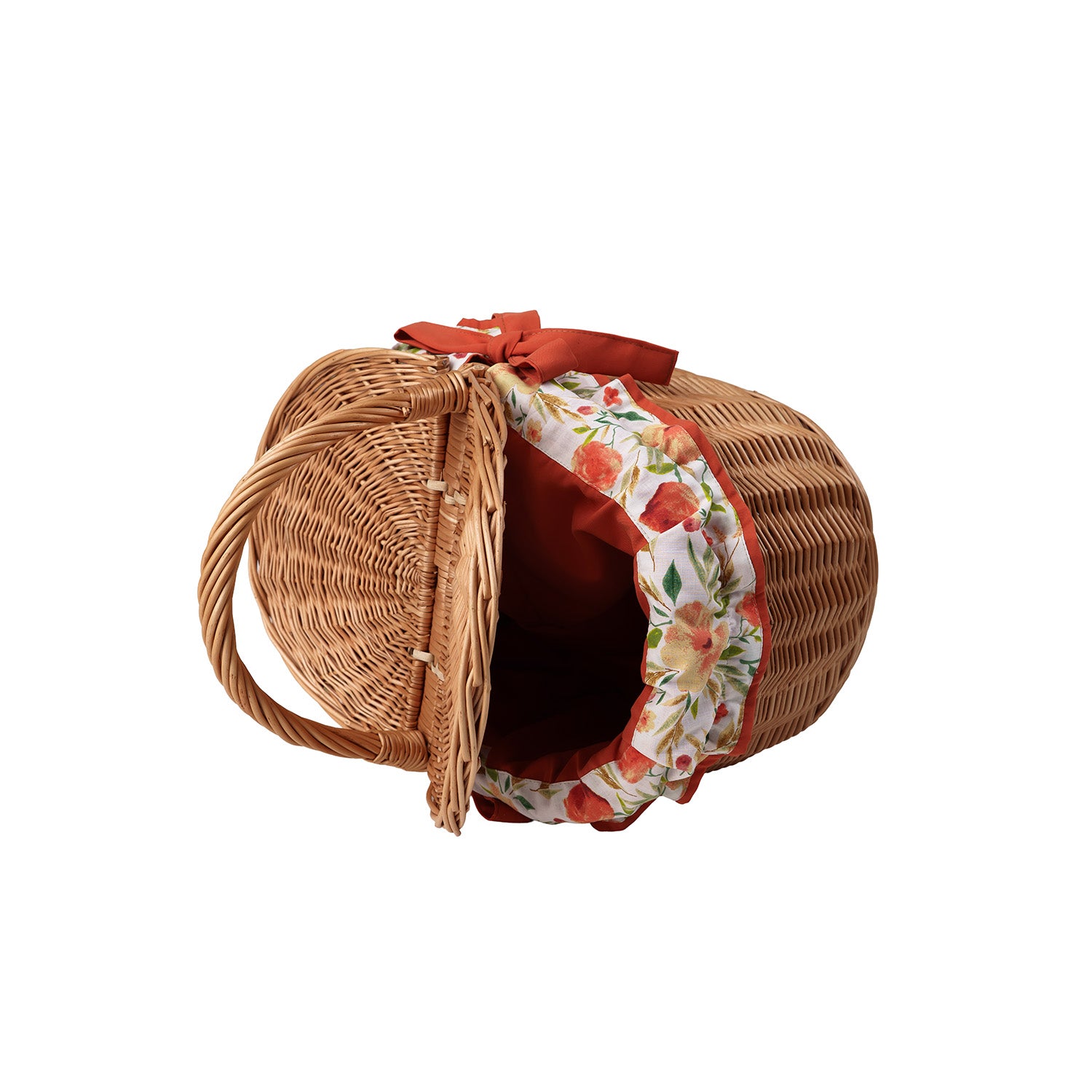 wicker picnic basket with orange trim, with lid and handle