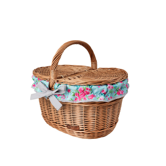 wicker picnic basket with blue trim, with lid and handle