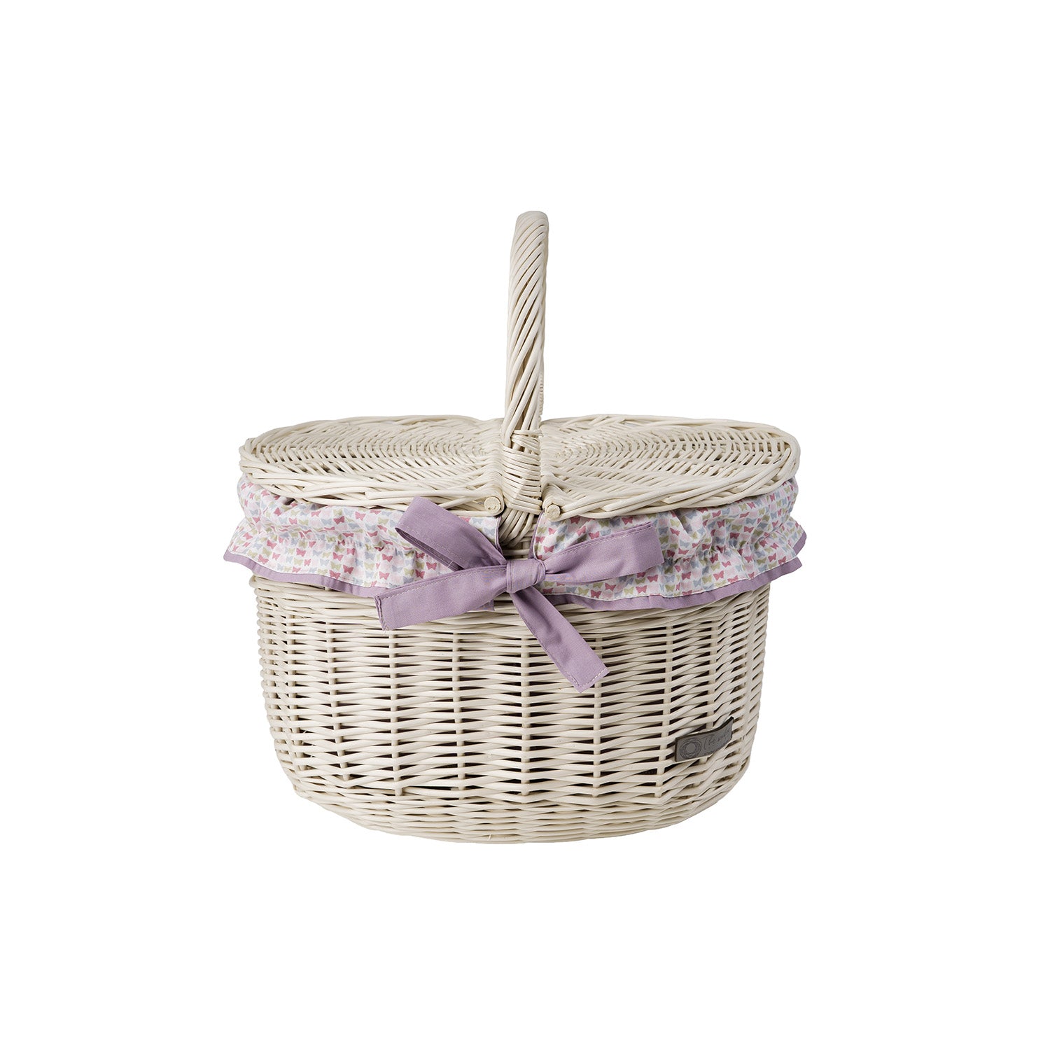 wicker picnic basket with purple trim, with lid and handle