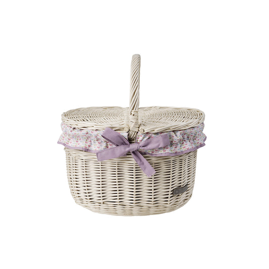 wicker picnic basket with purple trim, with lid and handle