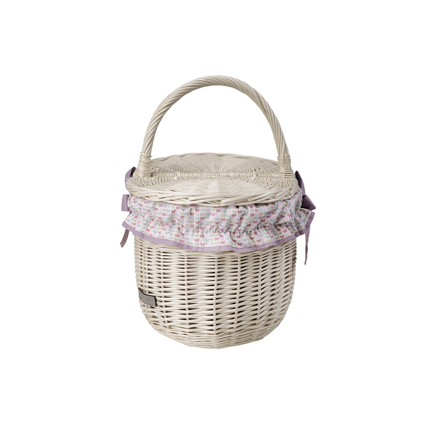 wicker picnic basket with purple trim, with lid and handle