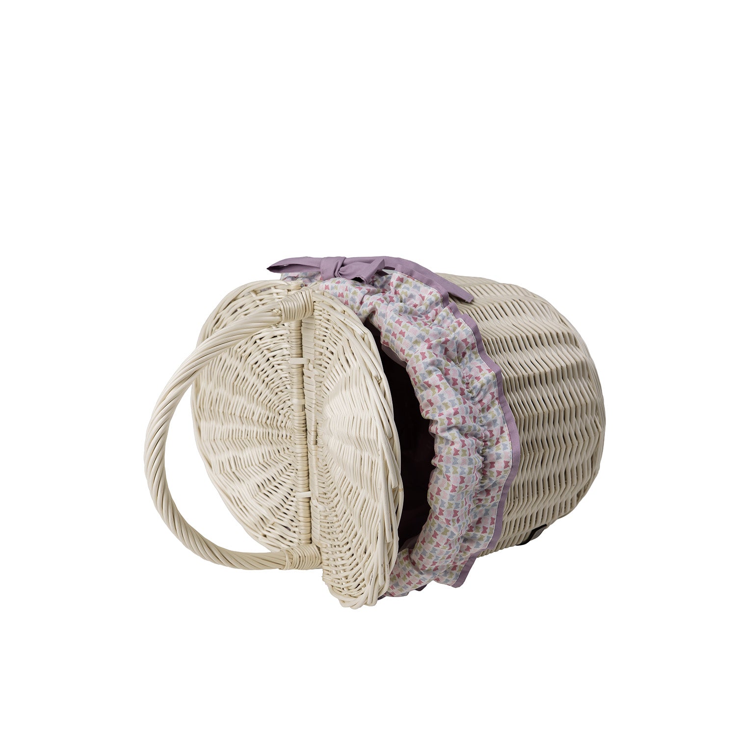 wicker picnic basket with purple trim, with lid and handle