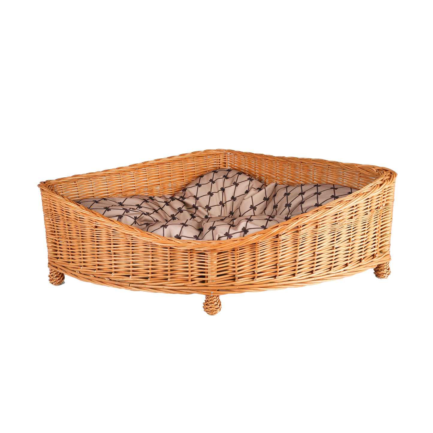 Evania wicker corner pet bed for dogs and cats with cushion and legs TheWickerStories