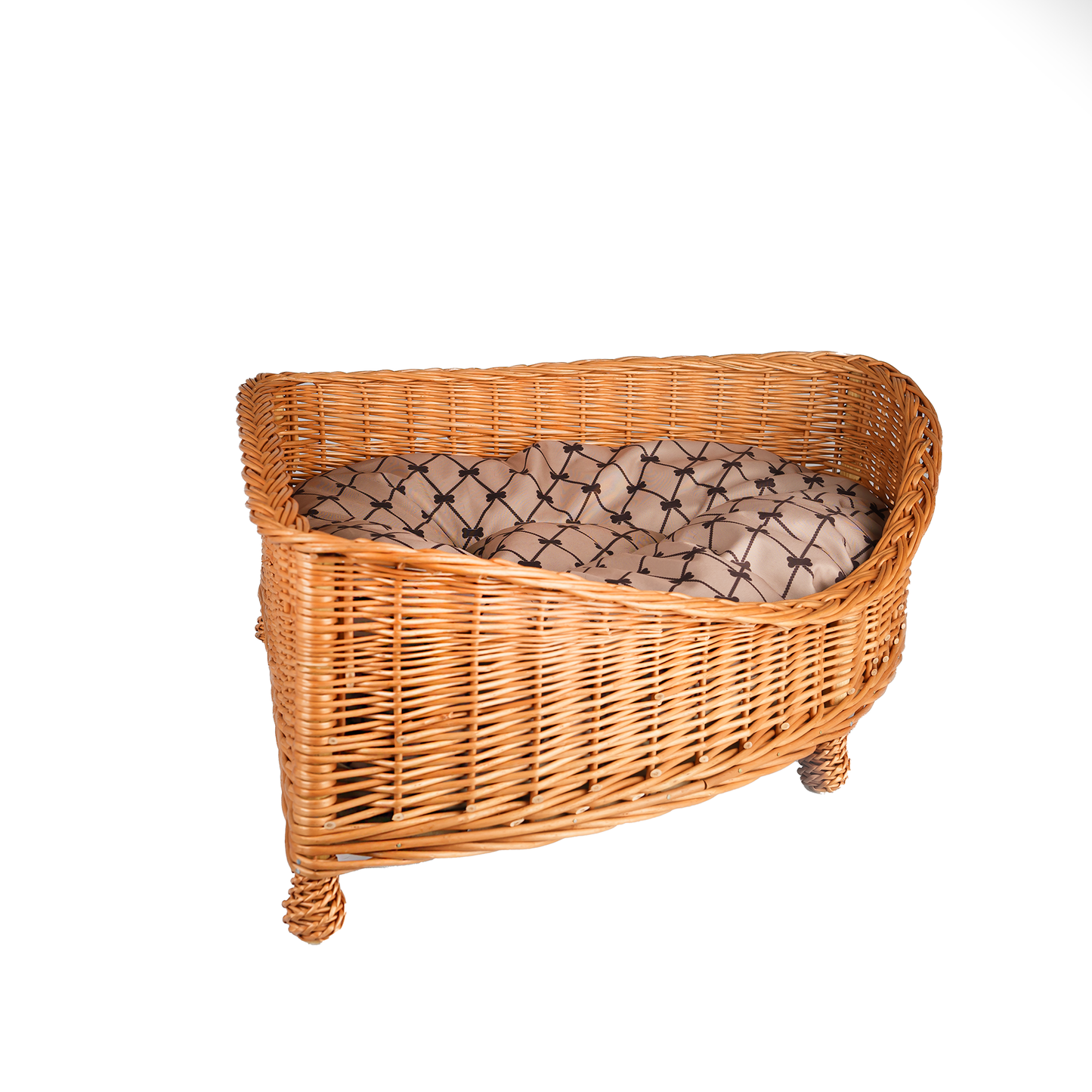 Evania wicker corner pet bed for dogs and cats with cushion and legs TheWickerStories
