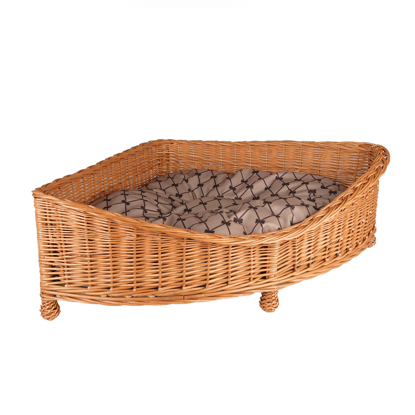 Evania wicker corner pet bed for dogs and cats with cushion and legs TheWickerStories